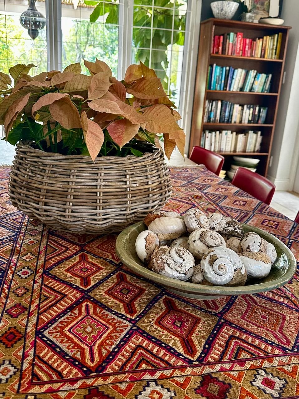 Table with persian carpet,pointsetia flowers in basket and bookcase with books